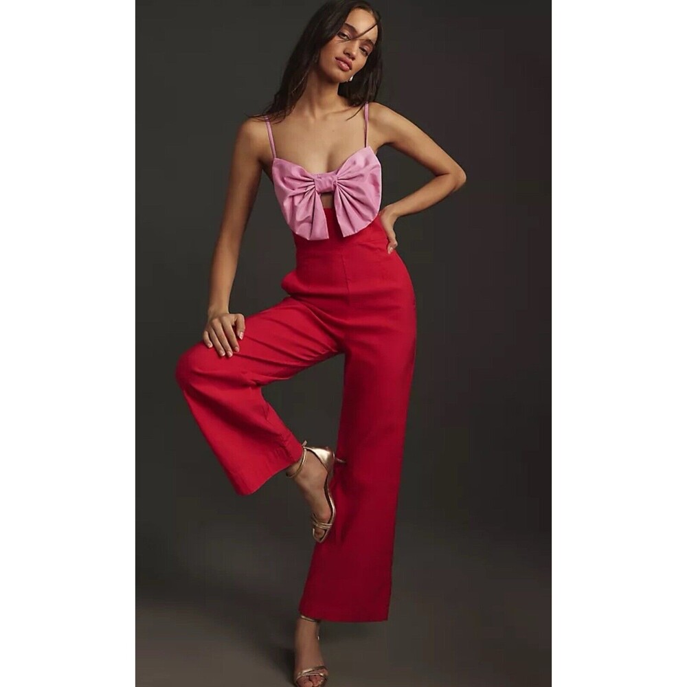Stylish Red Jumpsuit with Pink Bow